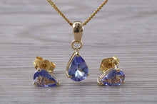 Load image into Gallery viewer, Pear Drop cut Tanzanite Earrings with Matching Necklace set in Yellow Gold