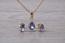 Load image into Gallery viewer, Pear Drop cut Tanzanite Earrings with Matching Necklace set in Yellow Gold