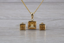 Load image into Gallery viewer, Square cut Citrine Earrings and Matching Necklace set in Yellow Gold