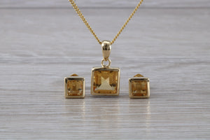 Square cut Citrine Earrings and Matching Necklace set in Yellow Gold