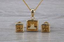 Load image into Gallery viewer, Square cut Citrine Earrings and Matching Necklace set in Yellow Gold