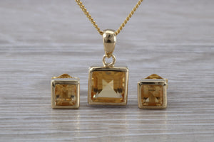 Square cut Citrine Earrings and Matching Necklace set in Yellow Gold