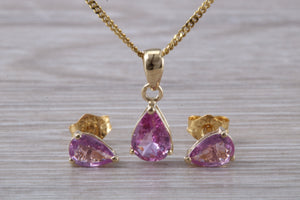 Tear Drop cut Pink Sapphire Earrings and Matching Necklace set in Yellow Gold