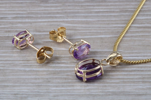 Oval cut Amethyst Earrings and Matching Necklace set in Yellow Gold