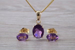 Oval cut Amethyst Earrings and Matching Necklace set in Yellow Gold