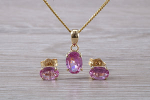 Oval Drop cut Pink Sapphire Matching Stud Earrings and Necklace set in Yellow Gold