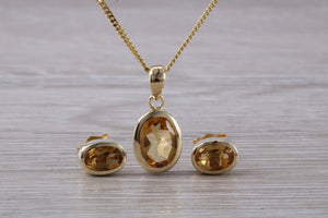 Oval cut Citrine Earrings and Matching Necklace set in Yellow Gold