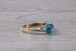 7 mm Round Aquamarine and Diamond set Yellow Gold Ring, British Hallmarked