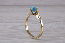 Load image into Gallery viewer, 7 mm Round Aquamarine and Diamond set Yellow Gold Ring, British Hallmarked