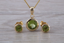 Load image into Gallery viewer, Round cut Peridot Earrings and Matching Necklace set in Yellow Gold