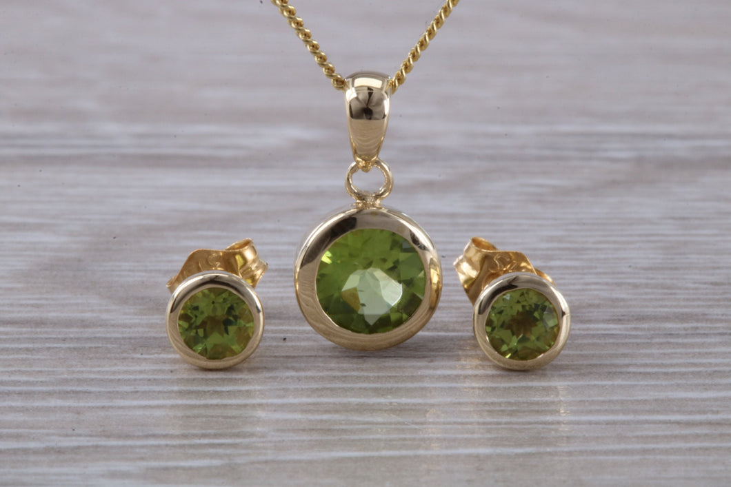 Round cut Peridot Earrings and Matching Necklace set in Yellow Gold