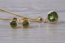 Load image into Gallery viewer, Round cut Peridot Earrings and Matching Necklace set in Yellow Gold