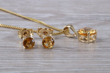 Load image into Gallery viewer, Round cut Citrine Earrings and Matching Necklace set in Yellow Gold