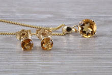 Load image into Gallery viewer, Round cut Citrine Earrings and Matching Necklace set in Yellow Gold