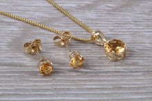 Load image into Gallery viewer, Round cut Citrine Earrings and Matching Necklace set in Yellow Gold