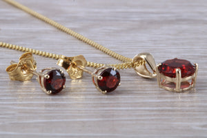 Round Garnet Earrings and Matching Necklace set in Yellow Gold