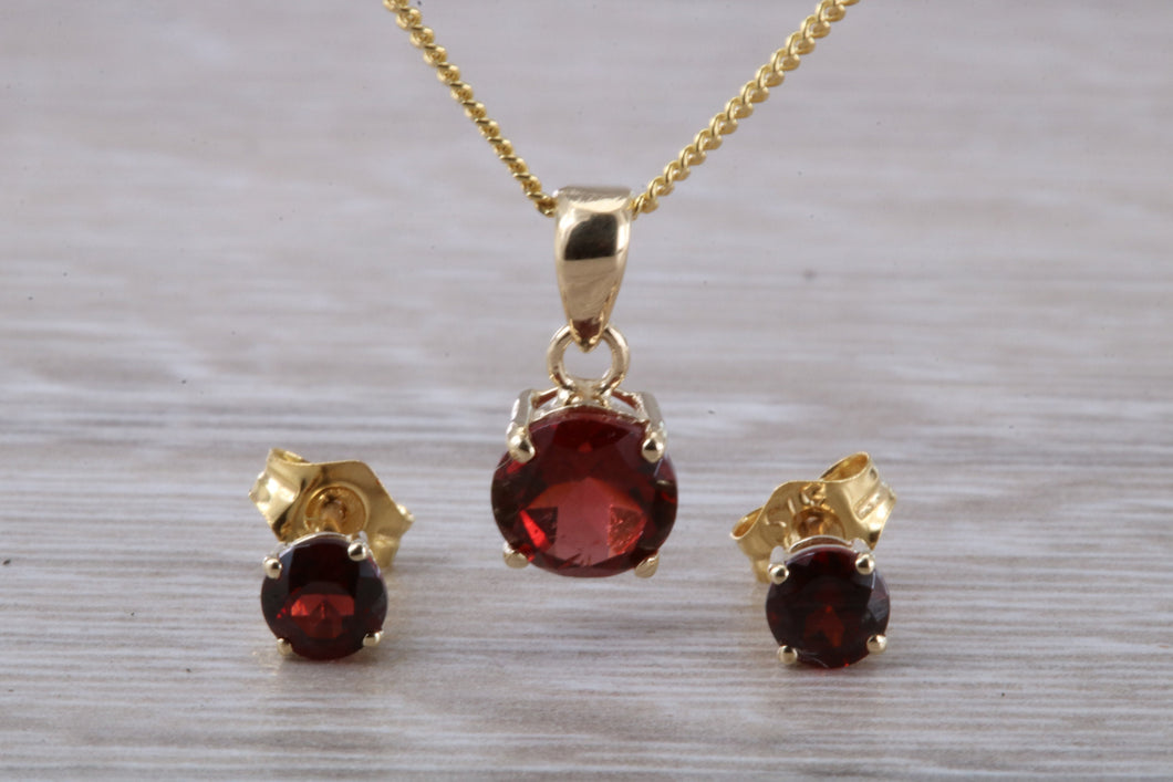 Round Garnet Earrings and Matching Necklace set in Yellow Gold