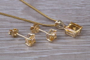 Square cut Citrine Earrings and Matching Necklace set in Yellow Gold