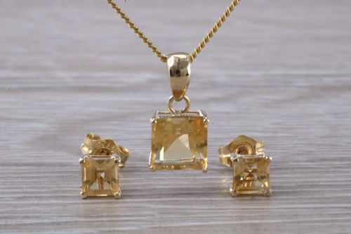 Square cut Citrine Earrings and Matching Necklace set in Yellow Gold