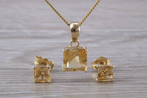 Square cut Citrine Earrings and Matching Necklace set in Yellow Gold