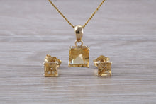 Load image into Gallery viewer, Square cut Citrine Earrings and Matching Necklace set in Yellow Gold