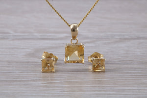 Square cut Citrine Earrings and Matching Necklace set in Yellow Gold