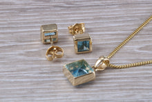 Load image into Gallery viewer, Square cut Blue Topaz Matching Earrings and Matching Necklace set in Yellow Gold