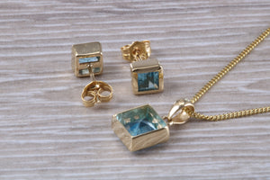 Square cut Blue Topaz Matching Earrings and Matching Necklace set in Yellow Gold