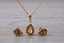 Load image into Gallery viewer, Tear Drop cut Citrine Earrings and Matching Necklace set in Yellow Gold