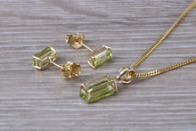 Load image into Gallery viewer, Baguette cut Peridot Earrings and Matching Necklace set in Yellow Gold