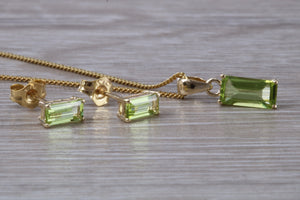 Baguette cut Peridot Earrings and Matching Necklace set in Yellow Gold