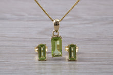 Load image into Gallery viewer, Baguette cut Peridot Earrings and Matching Necklace set in Yellow Gold