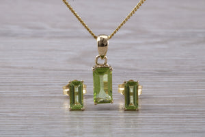 Baguette cut Peridot Earrings and Matching Necklace set in Yellow Gold