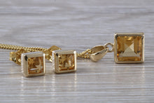 Load image into Gallery viewer, Square cut Citrine Earrings and Matching Necklace set in Yellow Gold