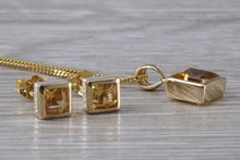 Load image into Gallery viewer, Square cut Citrine Earrings and Matching Necklace set in Yellow Gold