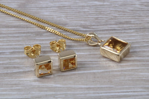 Square cut Citrine Earrings and Matching Necklace set in Yellow Gold