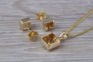 Square cut Citrine Earrings and Matching Necklace set in Yellow Gold