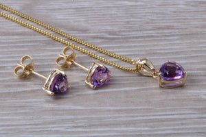 Love Heart cut Amethyst Matching Earrings and Necklace set in Yellow Gold