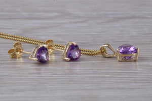 Love Heart cut Amethyst Matching Earrings and Necklace set in Yellow Gold