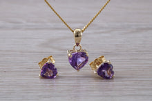 Load image into Gallery viewer, Love Heart cut Amethyst Matching Earrings and Necklace set in Yellow Gold