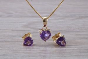 Love Heart cut Amethyst Matching Earrings and Necklace set in Yellow Gold