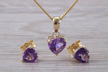 Load image into Gallery viewer, Love Heart cut Amethyst Matching Earrings and Necklace set in Yellow Gold