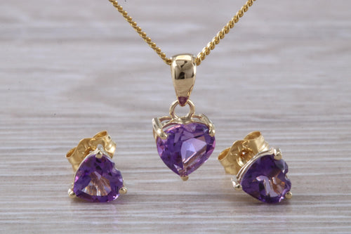 Love Heart cut Amethyst Matching Earrings and Necklace set in Yellow Gold