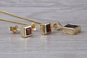 Square cut Garnet Earrings and Matching Necklace set in Yellow Gold