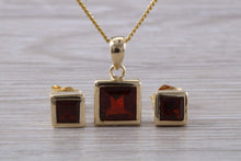 Load image into Gallery viewer, Square cut Garnet Earrings and Matching Necklace set in Yellow Gold