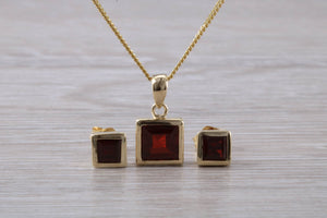 Square cut Garnet Earrings and Matching Necklace set in Yellow Gold