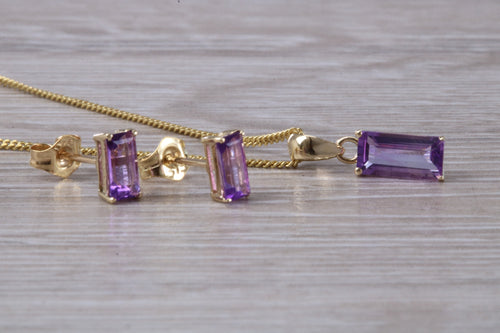 Baguette cut Amethyst Necklace and Matching Earrings set Yellow Gold