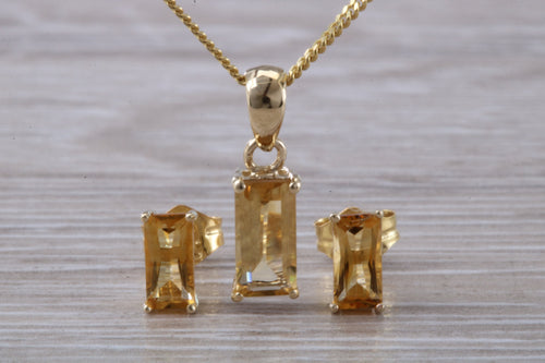 Baguette cut Citrine Earrings and Matching Necklace set Yellow Gold