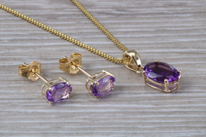 Oval cut Amethyst Earrings and Matching Necklace set in Yellow Gold