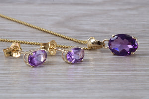 Oval cut Amethyst Earrings and Matching Necklace set in Yellow Gold